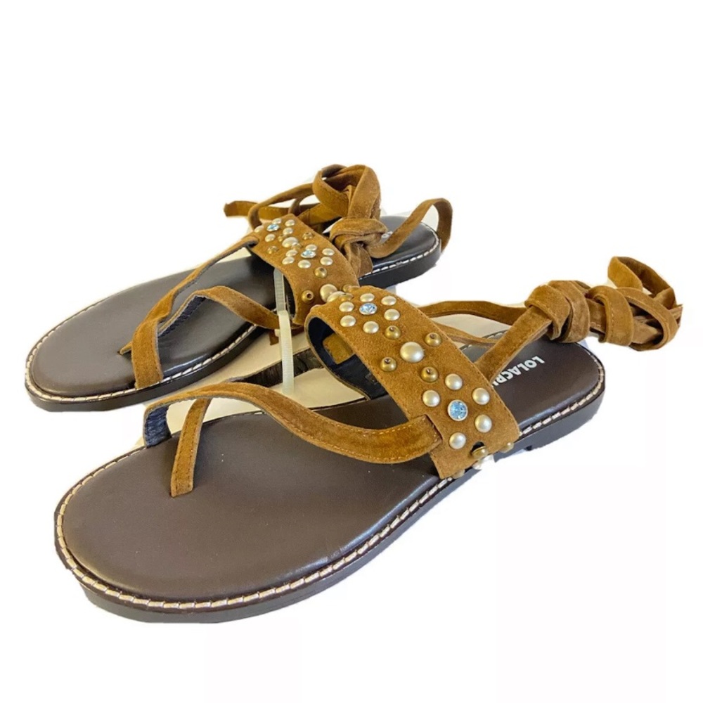 NEW Lola cruz brown suede beaded studded lace up flat gladiator sandals